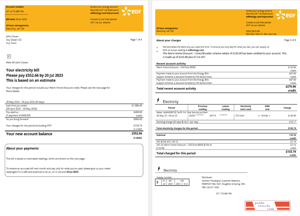 France EDF Energy utility bill Word and PDF template, 4 pages 1 2